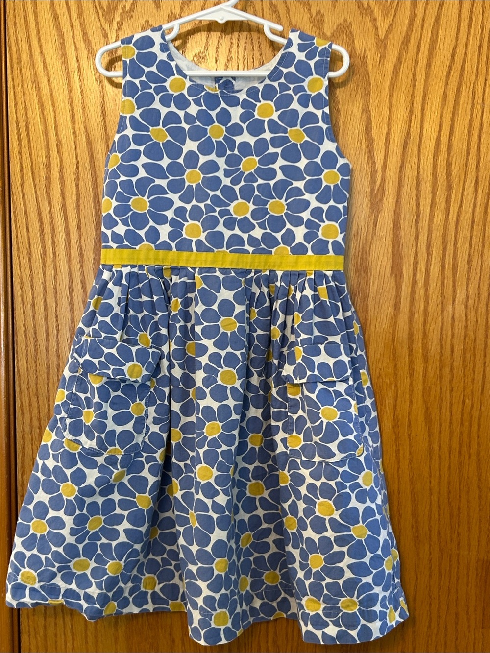 Mini Boden Girls Blue & Yellow Floral Pocket Dress Sz 7/8